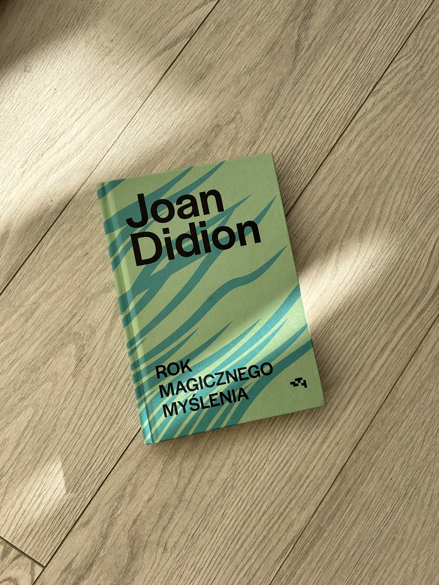 Kolorowa fotografia. Książka leży na drewnianej podłodze. Padają na nią delikatne promienie słońca.